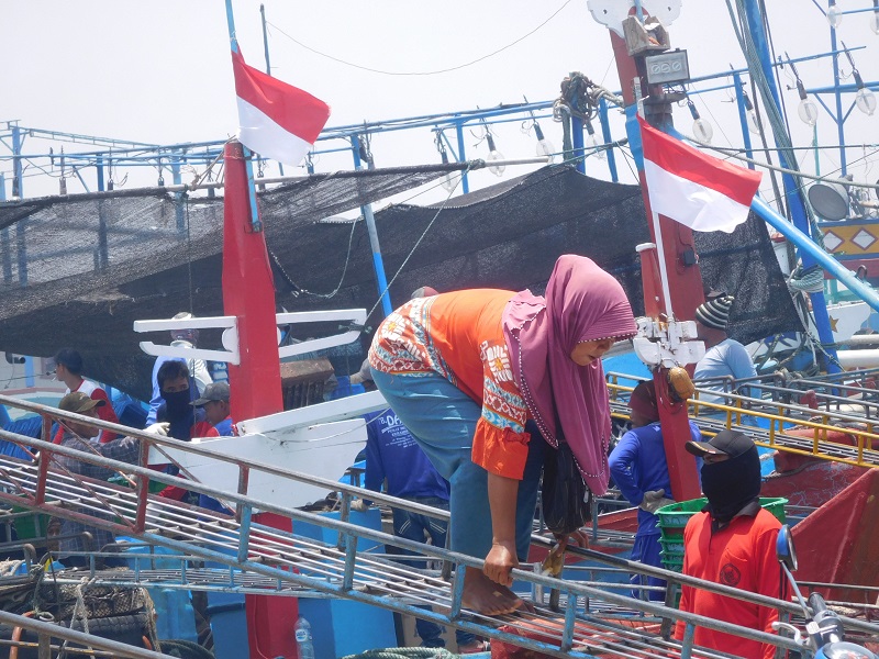perempuan terlibat dalam proses bongkar ikan di pelabuhan juwana, (12/10/2019) / Clakclik.com