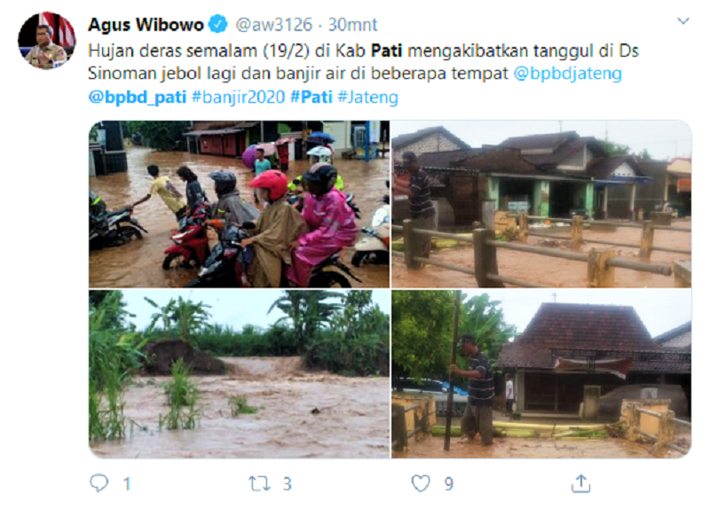 Screenshoot twitter Agus Wibowo BNPB, Kamis (20/2/2020) / Clakclik.com
